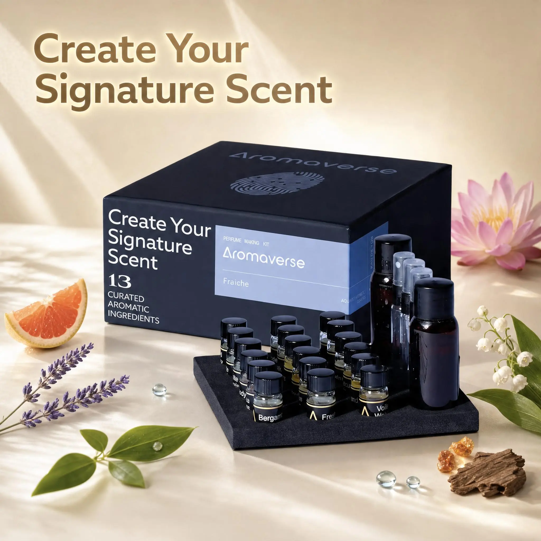 Aromaverse Fraiche Perfume Making Kit for Women & Men, Make Your Own Signature Scent, A Sensory Niche Perfumery Atelier Experience, 13 Couture Ingredients, 3 Recipes, Relaxing Self Activity, Date Night, Artisan Luxury DIY Kit Clean Modern Cologne Vibes Aq