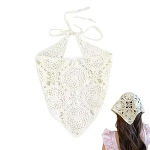 Crochet Bandana for Women Crochet Headband Knitted Triangle Head Hair Scarf Cute Crochet Headbands for Women Boho Knit Lace Floral Mushroom Bandana Strawberry Headband Women Beige