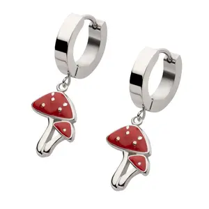 Red Spotted Mushroom Stainless Steel Hoop Huggie Earrings