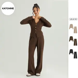 KatchMe Women's Classy V-Neck Long Sleeve Button Tailored Top & High Waist Wide Leg Trousers Co-ord, Cozy Two Piece Outfits, Casual Womenswear