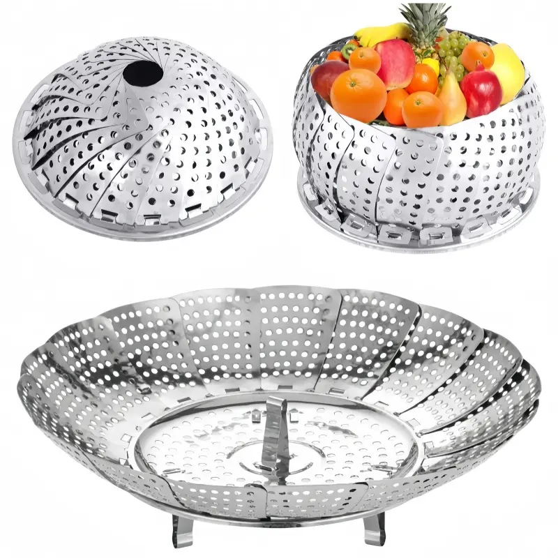 2pcs Veggie Vegetable Steamer Basket, Folding Steaming Basket, Metal Collapsible Stainless Steel Steamer Basket Insert, for Cooking Food, Expandable Fit Various Size Pot,2 Sizes (Large + Small)
