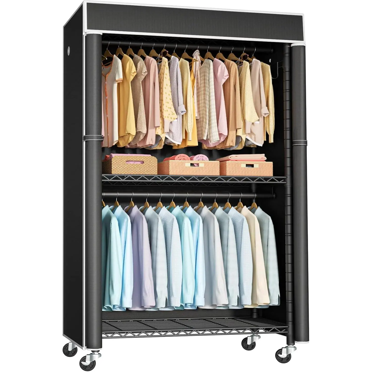 P1C Rolling Closets with Wheels, Clothing Rack with Cover, Metal Garment Rack for Hanging Clothes, Clothing Storage Wardrobe with Cover, 36.2" W x 16.5" D x 80.5" H, Black, Load 450 Pounds