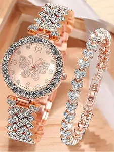 2pcs Fashion Crystal Butterfly Women's Watch Love Bracelet Set