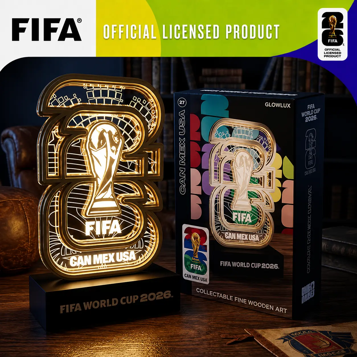 FIFA World Cup 2026 Official Licensed Collectible Display with White LED Glow, Soccer Memorabilia Gift for Men Women Dad Kids Fans – Man Cave Bar Desk Decor – USA CAN MEX Trophy Replica,Authenticity Label Included