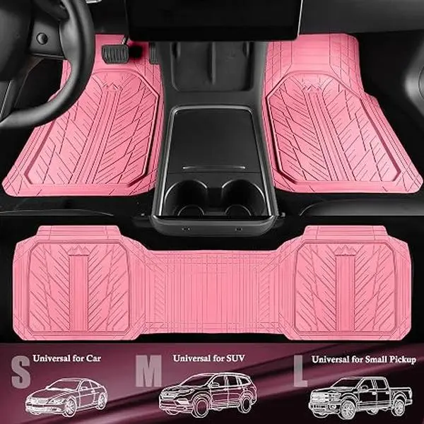 Heavy Rubber Car Floor Mats, All-Weather Waterproof Floor Liners, Universal Trim-to-Fit Mats for Cars, SUVs, Trucks & Vans, Durable, Easy to Clean, Pink