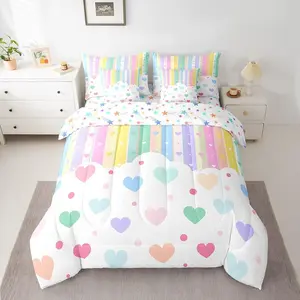 Rainbow Stripe 7 Piece Bedding Set,Girls Like Colorful Love Heart Comforter Set with Sheets,Cartoon Cute Bed in a Bag,Kawaii Bed Set