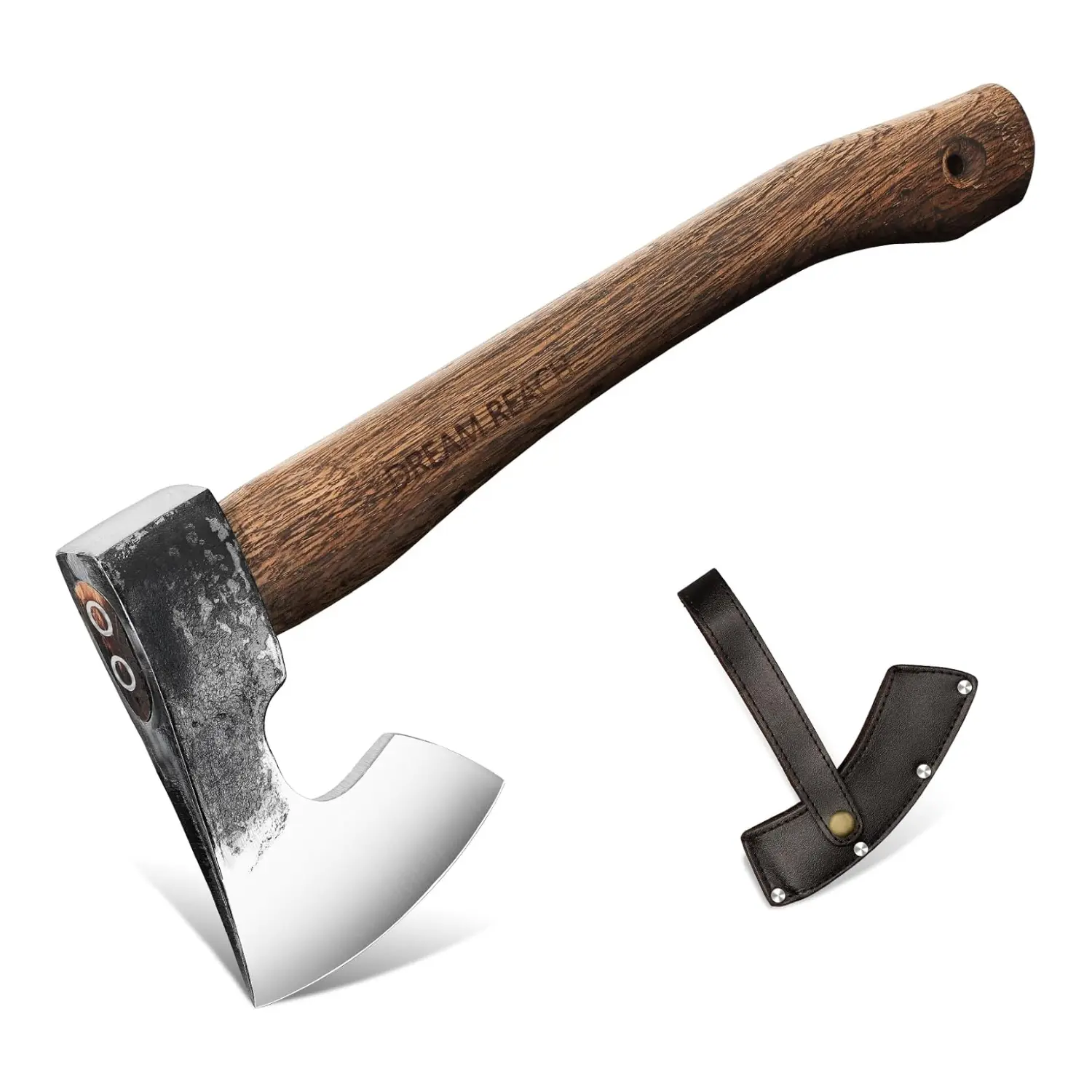 Dream Reach 14.5"" Camping Hatchet with Sheath – Carbonized Handle, Hand-Forged Carving Axe for Wood Chopping, Gardening (Black)