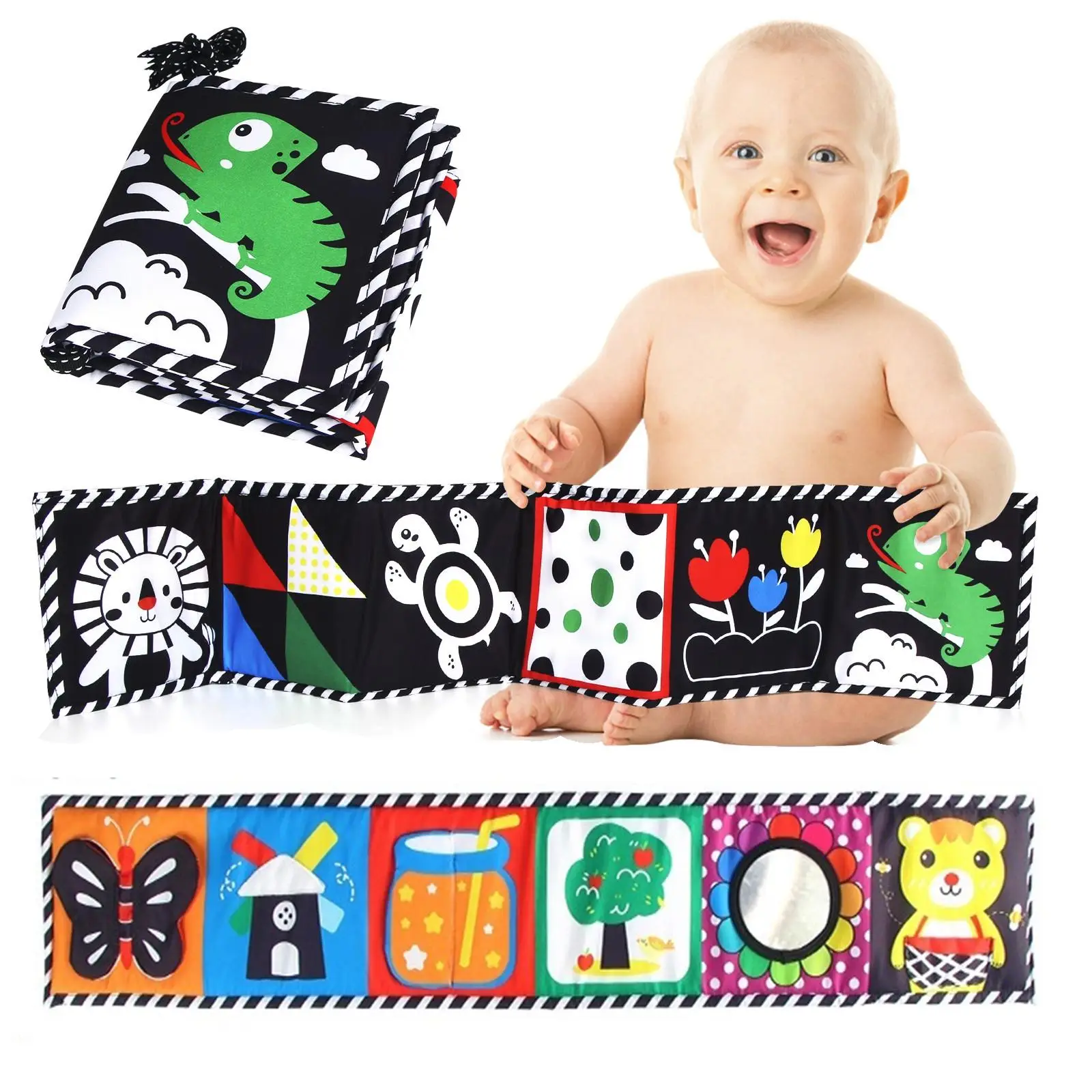 Baby Mirror Bed Banner, Double-sided Pattern Design Baby Mirror Bed Banner, Early Education & Smart Toy for Infant & Toddler