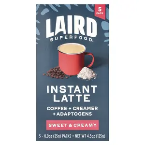 Laird Superfood Instant Latte, Sweet & Creamy, 5 Packs, 0.9 oz (25 g) Each