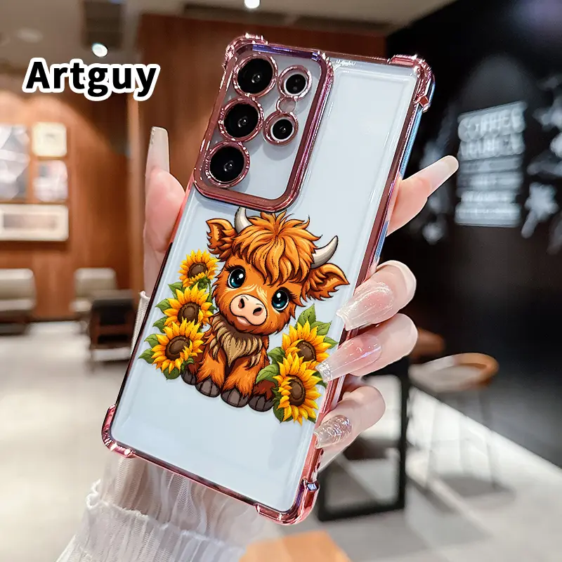 Phone Case Compatible with Samsung Galaxy S23 Ultra S24 Plus S25 S22+ FE Edge Sunflower Cow Pattern Four-corner Thickened Mobile border Electroplating with counter-fall Safety Cushion