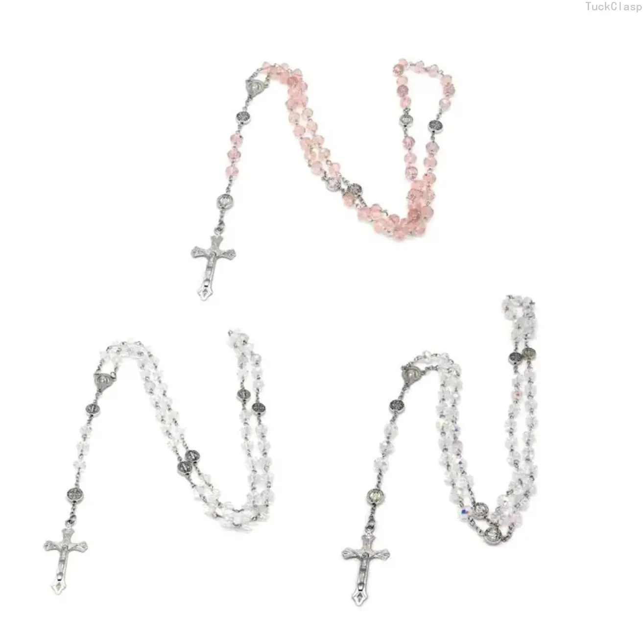 Colorful Crystal Bead Rosary Necklace with Cross Pendant, Catholic Religious Jewelry for Men and Women, Long Chain Spiritual Necklace, Meaningful Gift for Everyday Wear