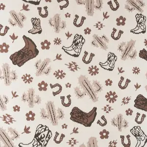 Western Cowboy-Cowgirl Themed Throw Blanket with Boots, Cactus and Horseshoe Print
