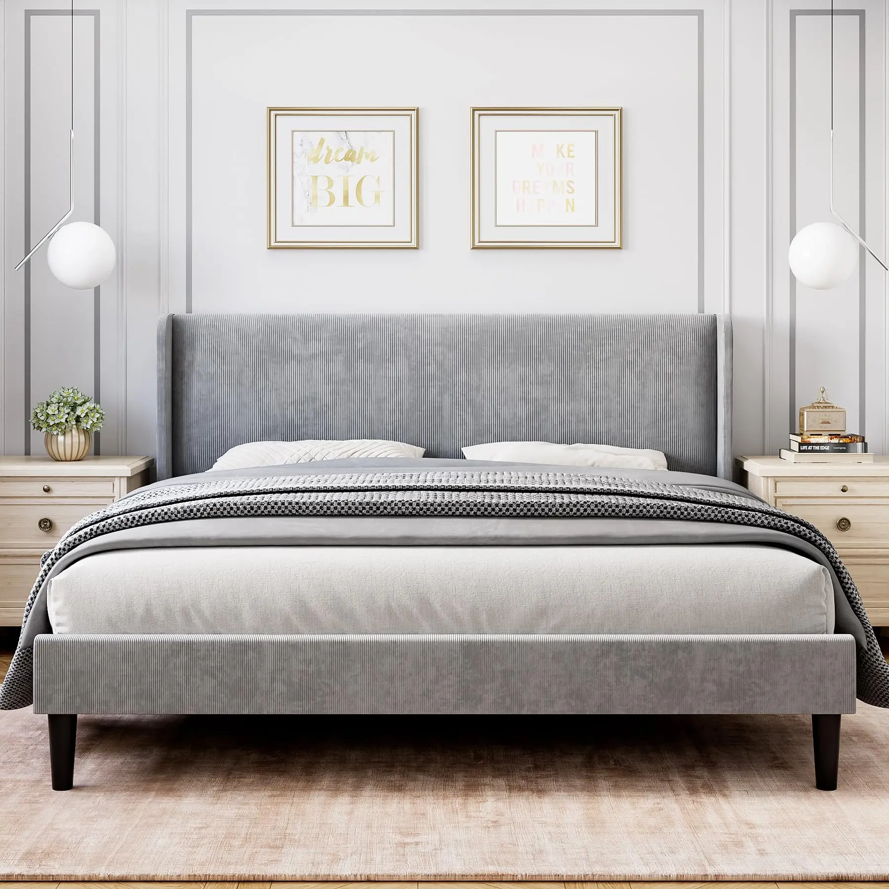 GARVEE King Bed Frame with Headboad and Wingback, Elegant Vertical Stripe Velvet Upholstered Bed Frame with 2 Storage Pockets, Sturdy Wood Slat Support, King Bed Easy Assembly,Light Grey