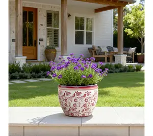 LuxenHome Red Floral Ceramic Planter, 12.2" Round Pot LuxenHome Red Floral Ceramic Planter, 12.2" Round Pot