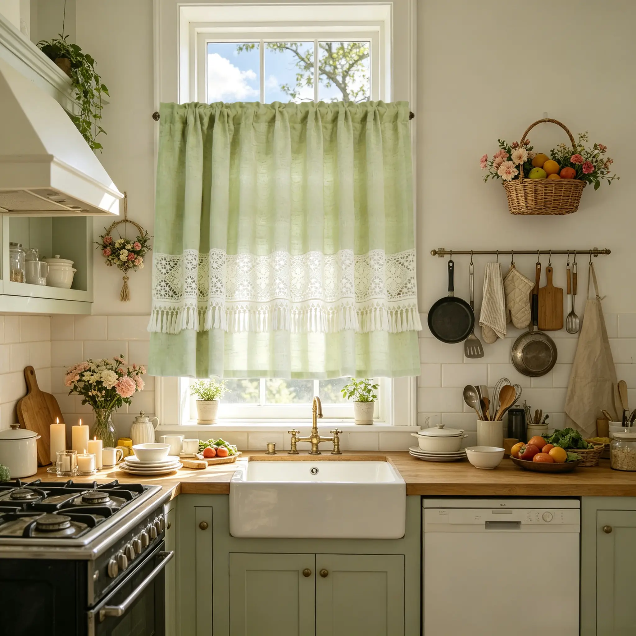 Green Boho Crochet Lace Sheer Valances for Window Kitchen Spring Vintage Macrame Valances with Tassels for Dining Room Living Room Farmhouse Rustic Crochet Curtain Valance Rod Pocket 1 Panel