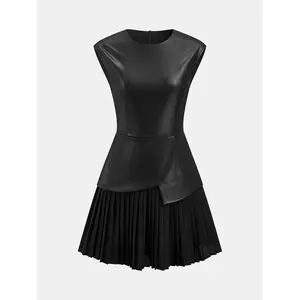 Pleated Panel Sleeveless PU Leather Dress