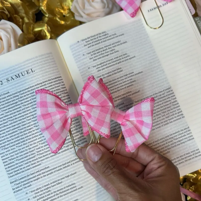 Plaid Pink And White Bow Bible Bookmark Clip: Gold Paperclip