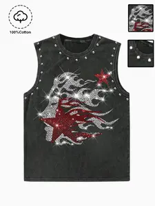 Men's Sleeveless Short Tank Top, Face Star Rhinestone Print, Loose Fit Vintage Wash, Durable Graphic, Casual Streetwear, Menswear
