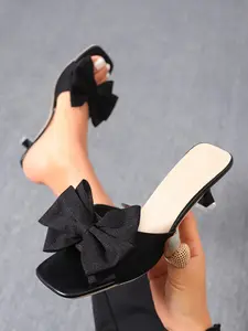 Square Toe Bowknot Chunky Heel Mules, Sexy Summer Women's Shoes, Casual PU Upper, Rubber Sole, Less Than Ankle Height