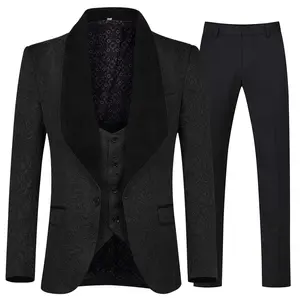 Men's Three-Piece Slim-Fit Tuxedo Set Comprising a Solid Shawl-Collar Jacquard Jacket, Matching Vest, and Button-Front Trousers