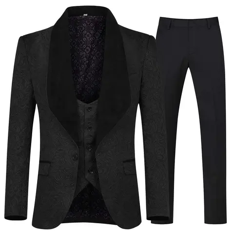 Men's 3-Piece Slim-Fit Chic Fitted Formal Korean Tuxedo Set - Jacquard Jacket with Solid Shawl Collar, Matching Vest, Button-Front Trousers for Weddings, Proms