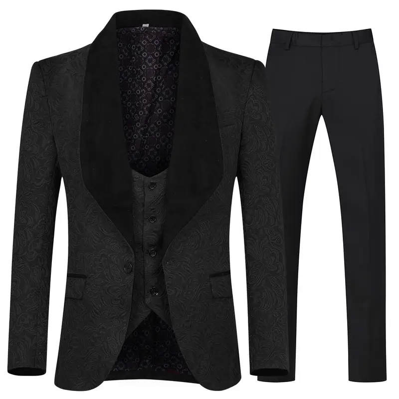 Men's 3-Piece Slim-Fit Chic Fitted Formal Korean Tuxedo Set - Jacquard Jacket with Solid Shawl Collar, Matching Vest, Button-Front Trousers for Weddings, Proms
