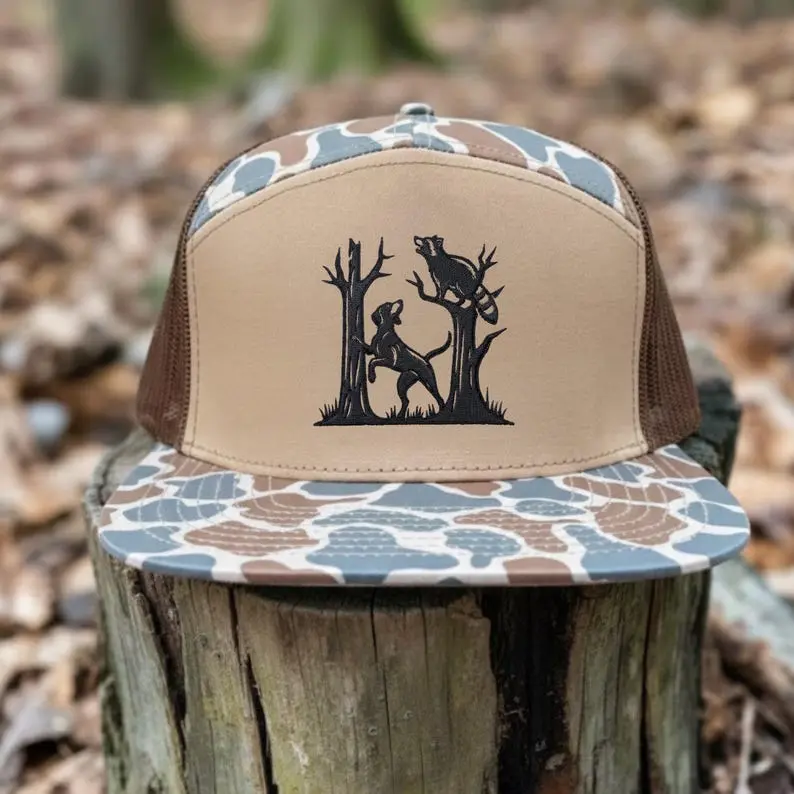 [BUY 2 FOR 1 PRICE] Coon Hunting Embroidered Hat Camo Brim Trucker Cap Hound Dog Treeing Raccoon Outdoor Hunter Gift for Men