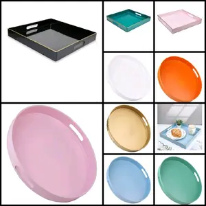 Pink Decorative Serving Tray with Handles, 13” Versatile Ottoman Tray for Coffee Table, Entertaining, Outdoor Patio, Living Room