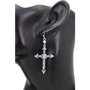 Women Fashion Jewelry Earrings Antique Silver Metal Pointy Christian Cross Turquoise Blue