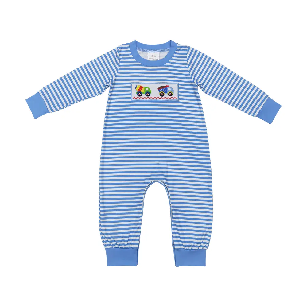 LR0750 Baby Boy Cute Construction Vehicle Truck Prints Embroidery Detail Long Sleeve Romper - Construction Worker Themed Outfit for 3-6m, 12-18m, Rompers