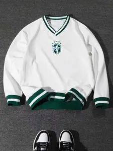 Men's Casual Fleece Lined American Sports Baseball Jacket, Brazil Logo Letter Print V Neck Pullover, Comfortable Long Sleeve Top for Fall & Winter