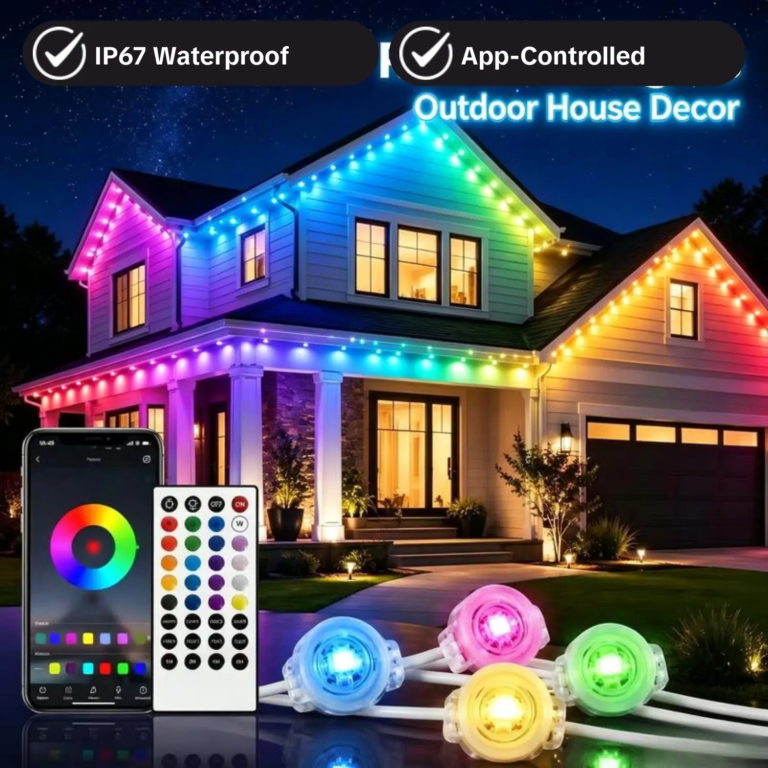EIFFITENGE Permanent Outdoor RGB LED Eaves Lights - App-Controlled, IP67 Waterproof, for House Holiday Christmas Decorations security solar fiber optic lighting system string motion sensor security wall lamp decorative portable pendant light flood