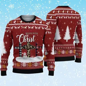 Christmas Begins With Christ Ugly Christmas Sweater – Red Plaid & Leopard Crosses, Snowman, Faith Based Unisex Knit Jumper, Religious Gift Menswear Knitwear