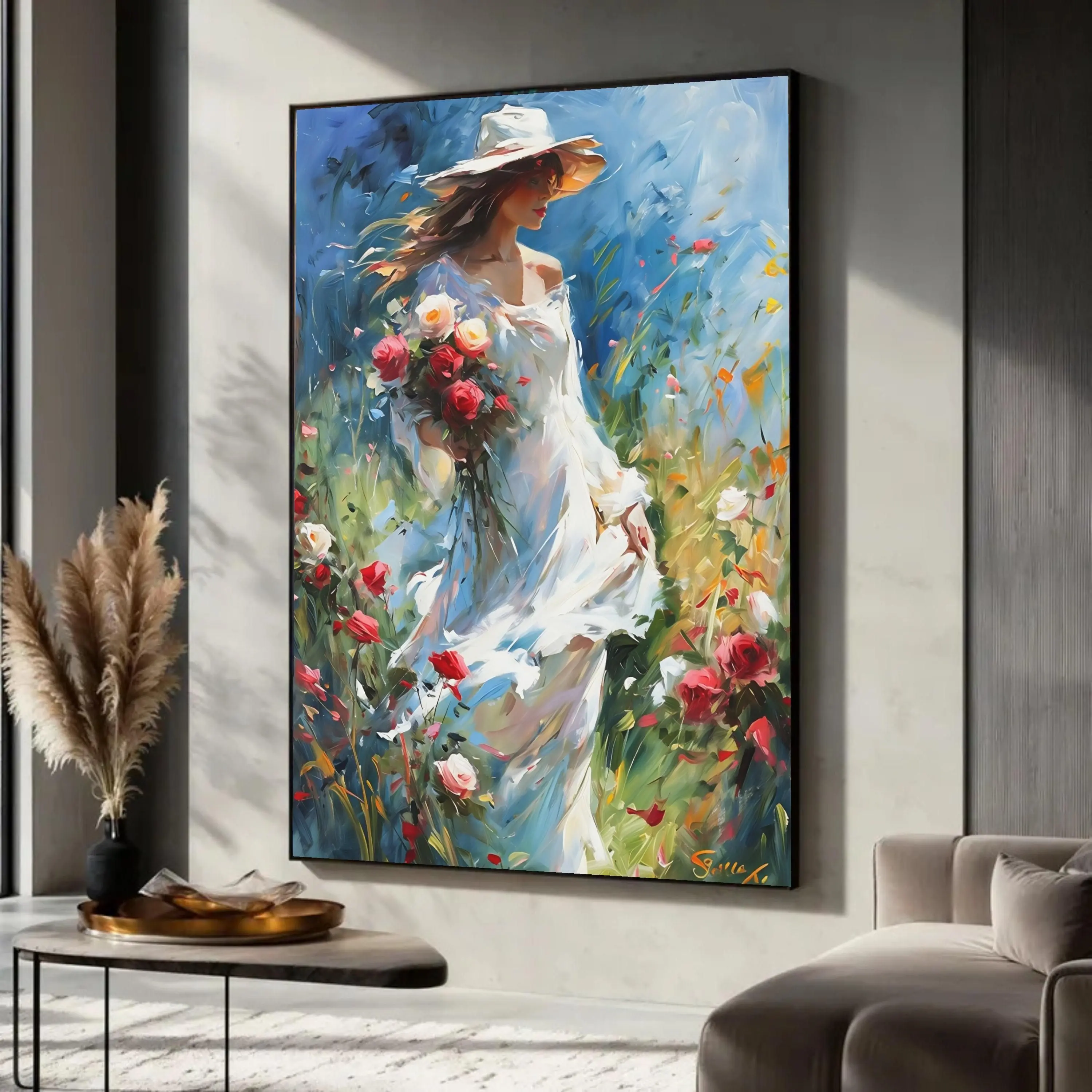 [Sale off up to 40%] [Frame Canvas] Woman White Dress Rose Bouquet Canvas Print Art, Impressionist Floral Garden Print