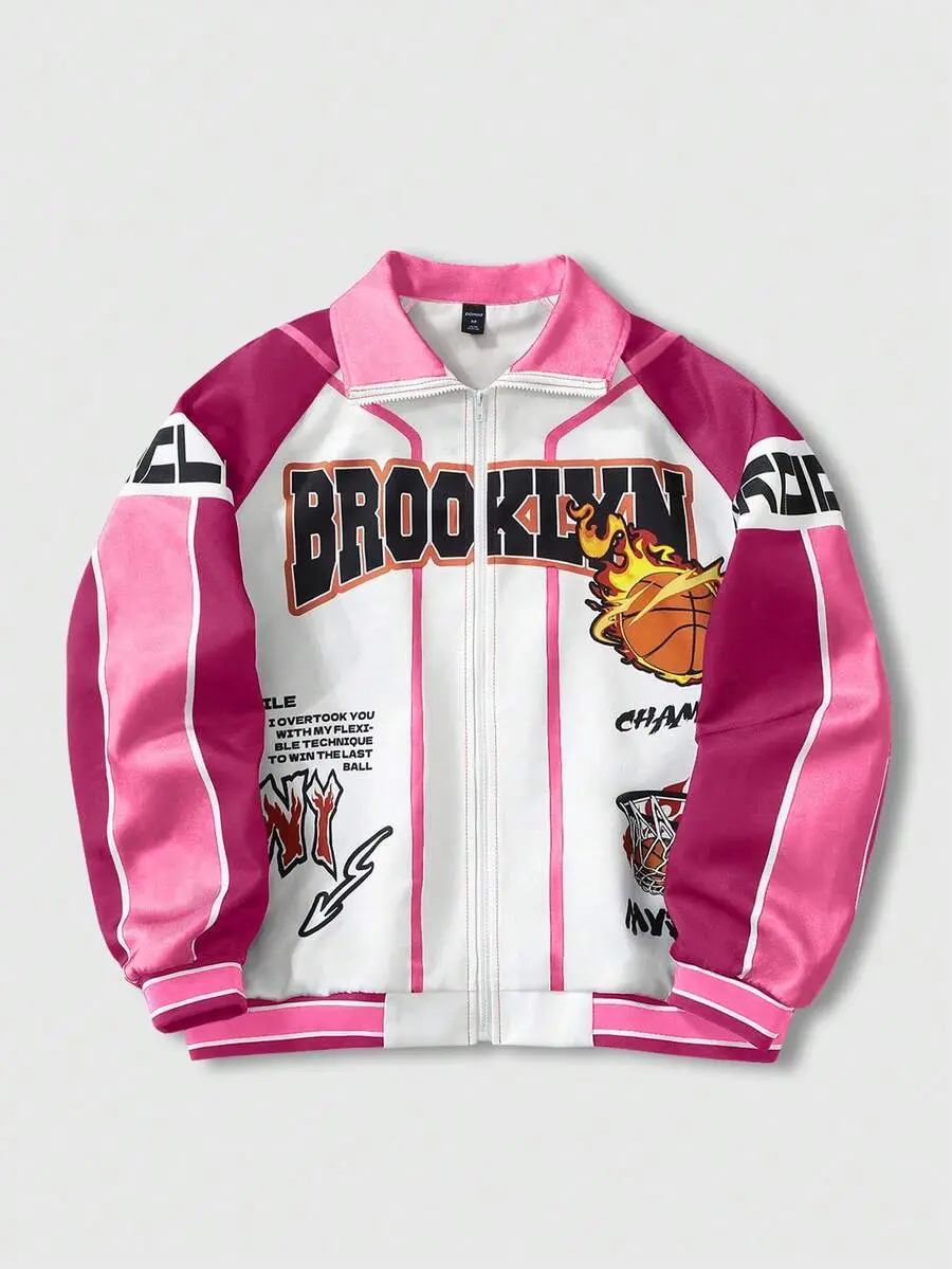 Men Prep Spring Casual Graphic Pink Men'S Contrast Color Graffiti Pattern Zip-Up Long Sleeve Jacket