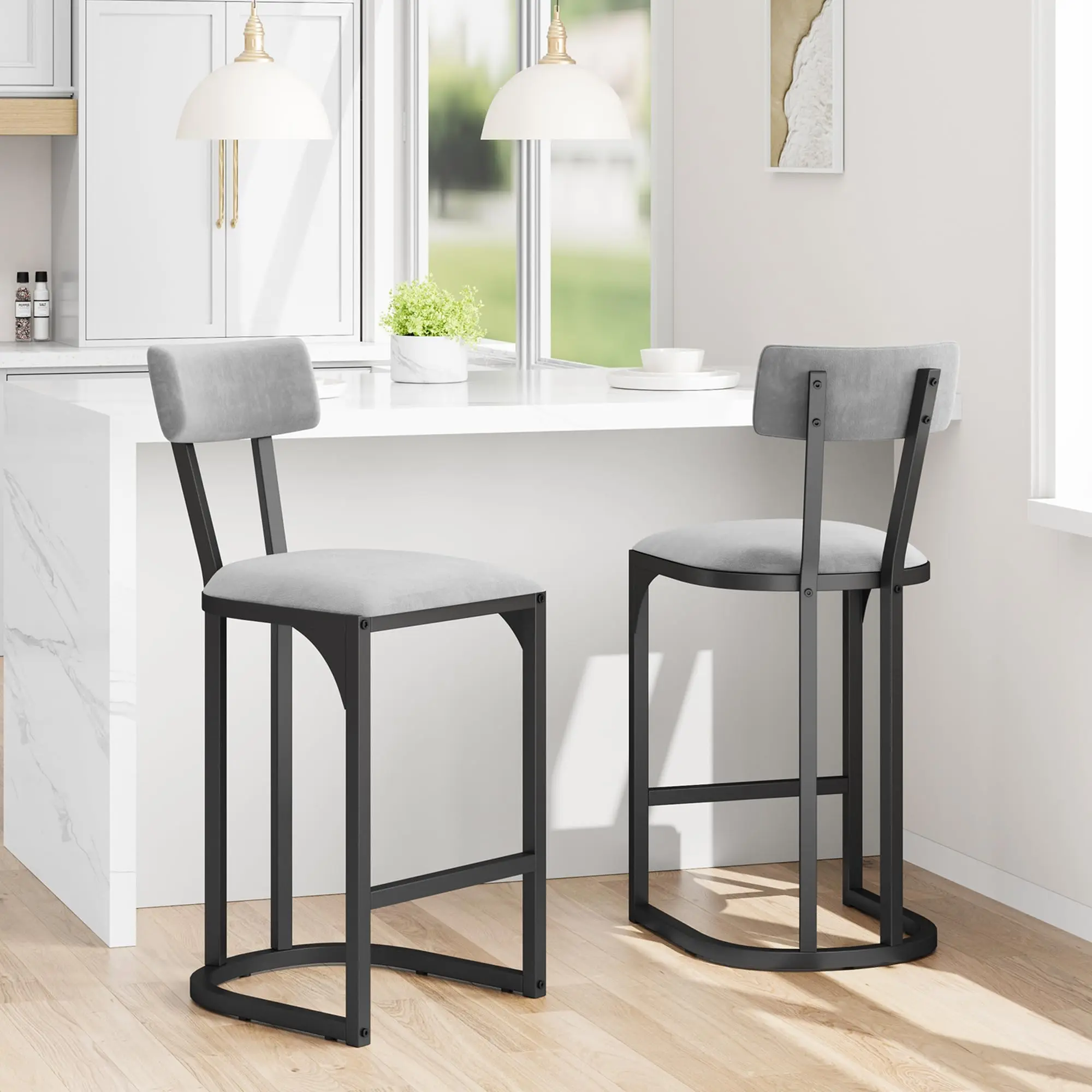 YJ-Garvee Bar Stools Set of 2, Modern Tall Barstools with Back for Kitchen Counter, Island Chairs for Dining Table, Counter Height Bar Stools, Metal Counter Stools with Upholstered for Kitchen,Grey