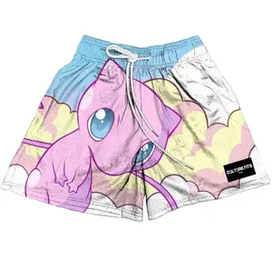 Fantastic Mew Anime Shorts Pink Unisex Sports Double-Layered Inner Shorts Full Print Drawstring Design Men Women Mesh Basketball Shorts 4 Pockets 5.5 Inseam