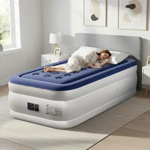 【Summervibes】18 Inch Single Inflatable Mattress with Built-in Pump, Elevated Comfort Air Mattress, Dual Chamber Airbed, 2 Minute Fast Inflate/Deflate Air Mattress for Family Guest Camping, Blue&White