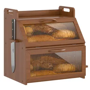 Vintage Wooden Farmhouse Breadbox Organizer - Large Double Layer Bread Bin With Window For Kitchen Countertop