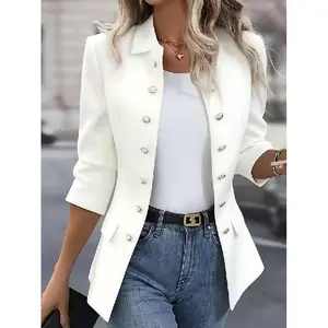 Elegant Striped Print Long Sleeve Blazer - Double Breasted, Micro Elasticity, Polyester Fabric, Regular Length, Spring/Fall Essential - Womens Classic Outwear for Work or Daily Wear（gift）