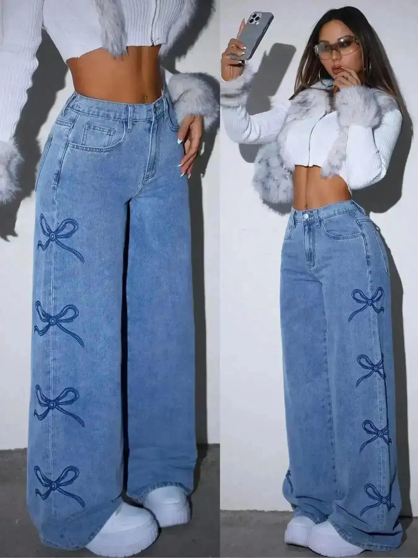Chic Everyday Look Leg Pants Printed Bow Design High Waisted Fashion Elastic Waist Casual Flowy Jeans Style, Comfort, Versatile, Wear, Outfit, Essential, Trendy, Chic, Elegant, Classy, Modern, Stylish, Seasonal