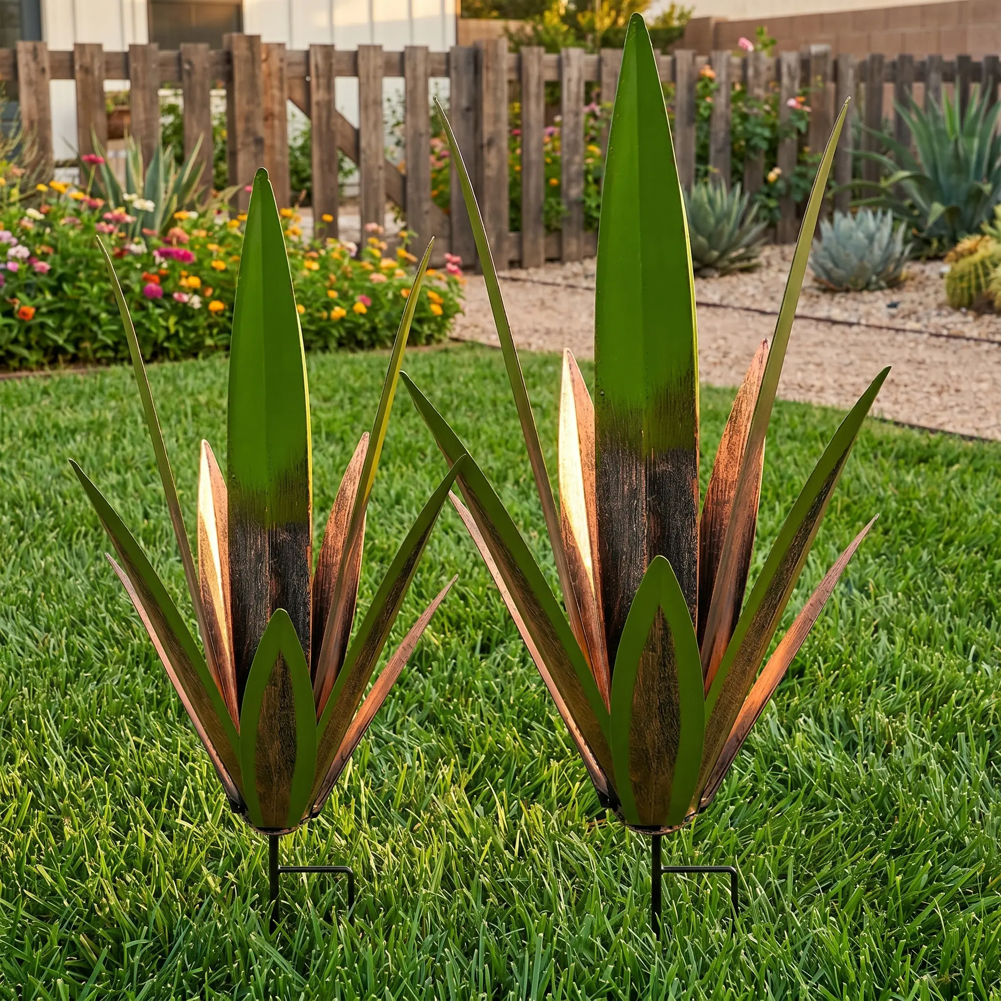 2-Pack Hand-Painted Metal Agave Garden Stakes - 1 Large & 1 Small Rustic Landscaping Decor, Outdoor Art for Lawn, Patio, Courtyard, Ideal Easter, Valentine’s Day & Housewarming Gifts, Home Improvement Accents