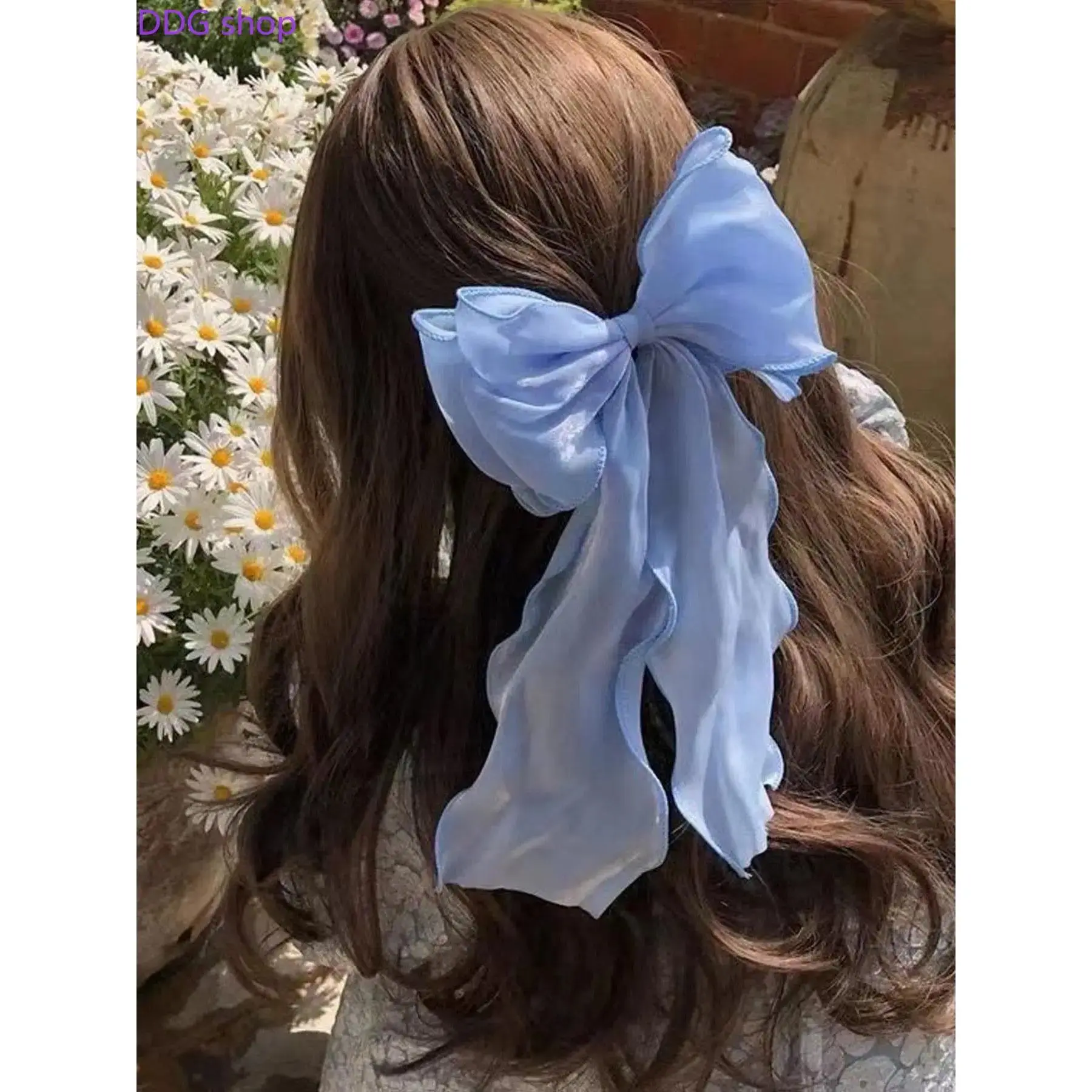 Light Blue Chiffon Bow Hair Clip Long Wavy Ribbon Princess Hair Barrette Elegant Aesthetic Hair Accessories for Women Girls Versatile All-Season Hair Clip for Daily Party Wedding Prom Hairstyle