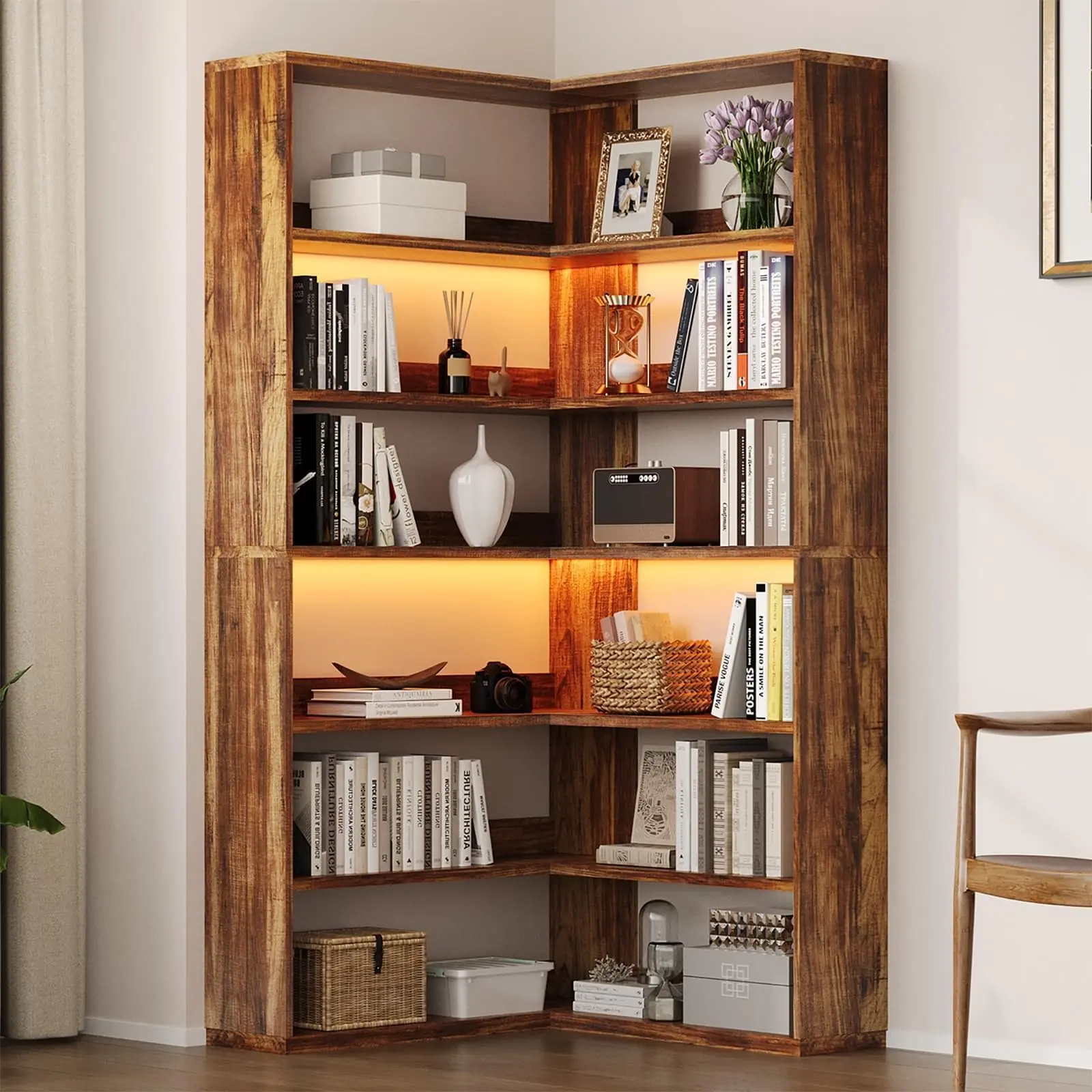 [SummerWins] HOMBCK Corner Bookshelf, 6 Tier Bookcase with LED Light and Storage, Industrial Tall Bookshelf Etagere Bookcase, 71” Corner Book Shelf with Storage Display Rack with Baffles for Home Office#home essentials#back to school