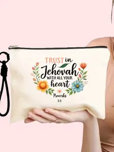 Christian Faith Theme Cosmetic Travel Bag Set, Trust in Jehovah Floral Print Handbag, Large Capacity Foldable Organizer for Makeup & Daily Essentials