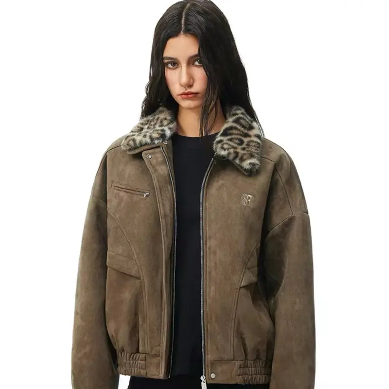Leopard Fur Collar Suede Jacket for Women - Stylish Brown Bomber Coat with Zipper Closure Faux Long Sleeve Outerwear Womenswear Fitted