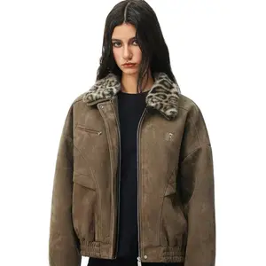 Leopard Fur Collar Suede Jacket for Women - Stylish Brown Bomber Coat with Zipper Closure Faux Long Sleeve Outerwear Womenswear Fitted