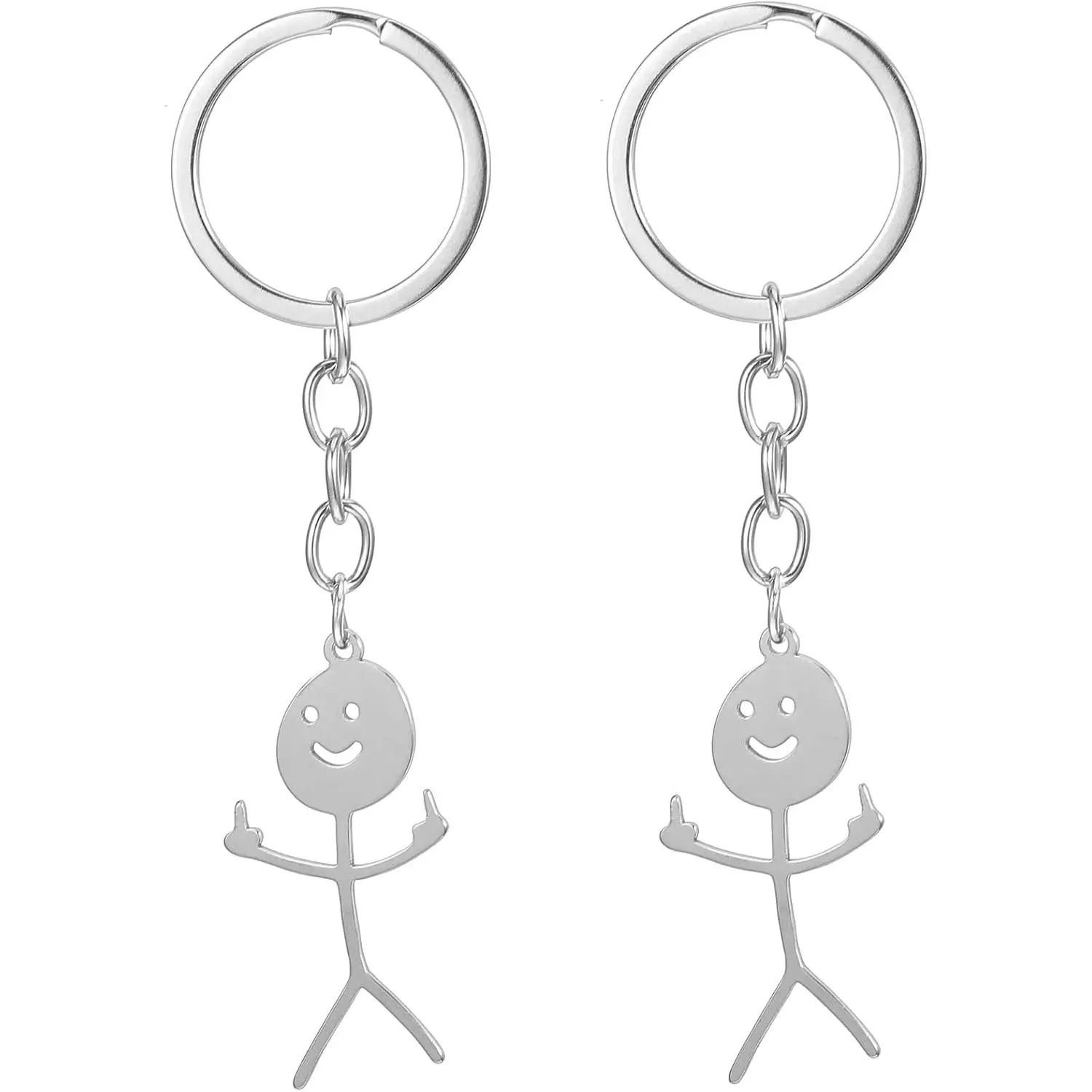 Cartoon Figure Shaped Keychain For Man & Woman , Stainless Steel Keychain, 2PCS Middle Finger Keychain Funny Keychains for Men Matching Keychains for Couples Cool Gifts for Friends(Silver)