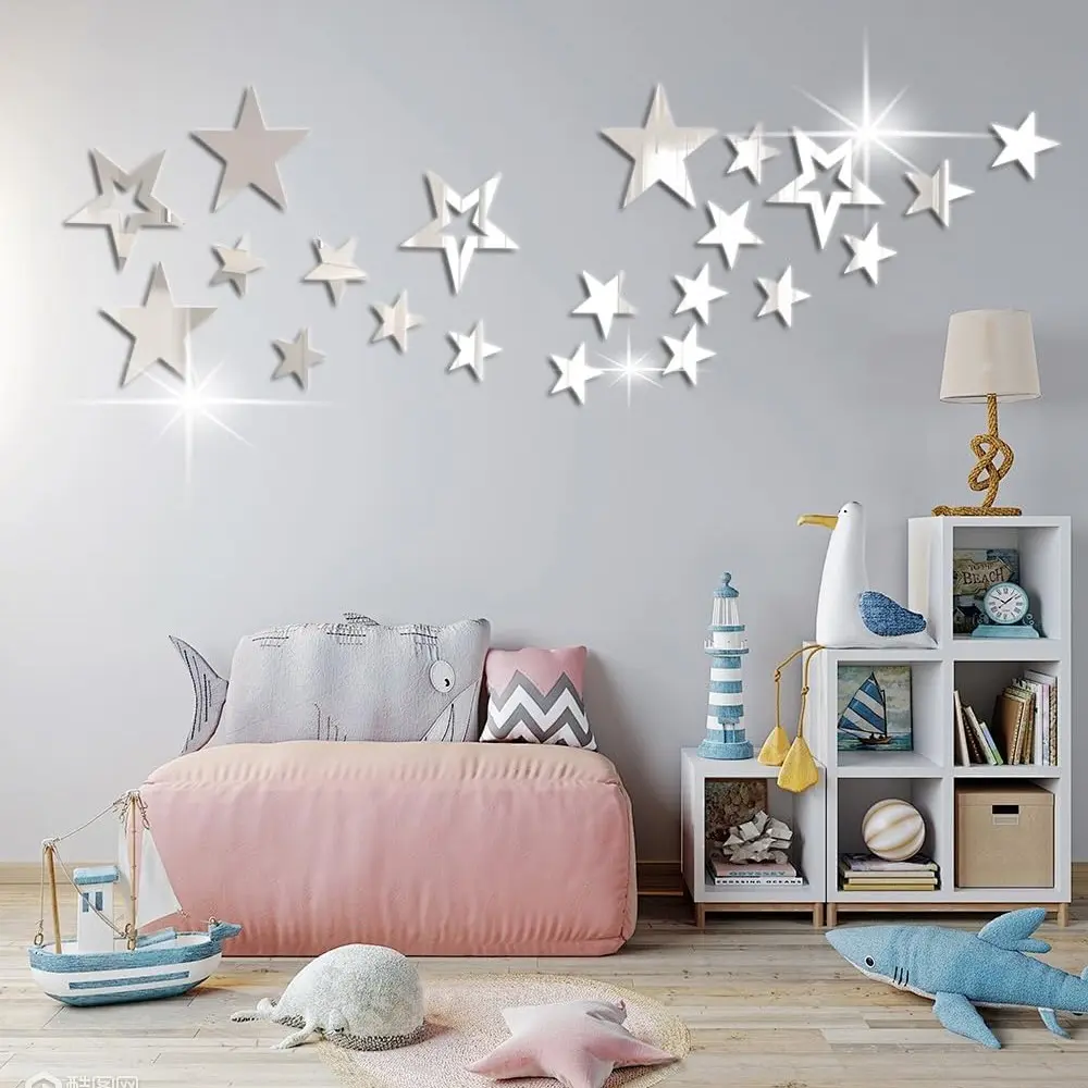 26-Piece Star Acrylic Mirror Wall Stickers, Silver Color Stars, Self-Adhesive Art Decals, 3D Wall Decor for Baby Room, Kids' Room, Home DIY Decoration, Decoration Items