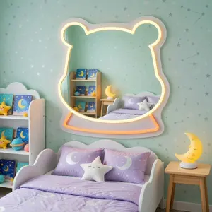 Cute Bear Neon Mirror LED Wall Light for Kids Room Warm Glow Vanity Mirror for Bedroom Nursery Playroom Kawaii Decor Night Light Gift for Girls